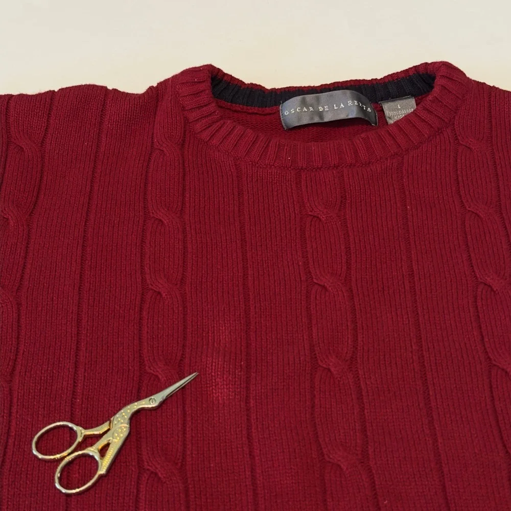 Oscar de la Renta Sweater Mens L Red Cable Knit Cotton Crewneck Preppy Academia